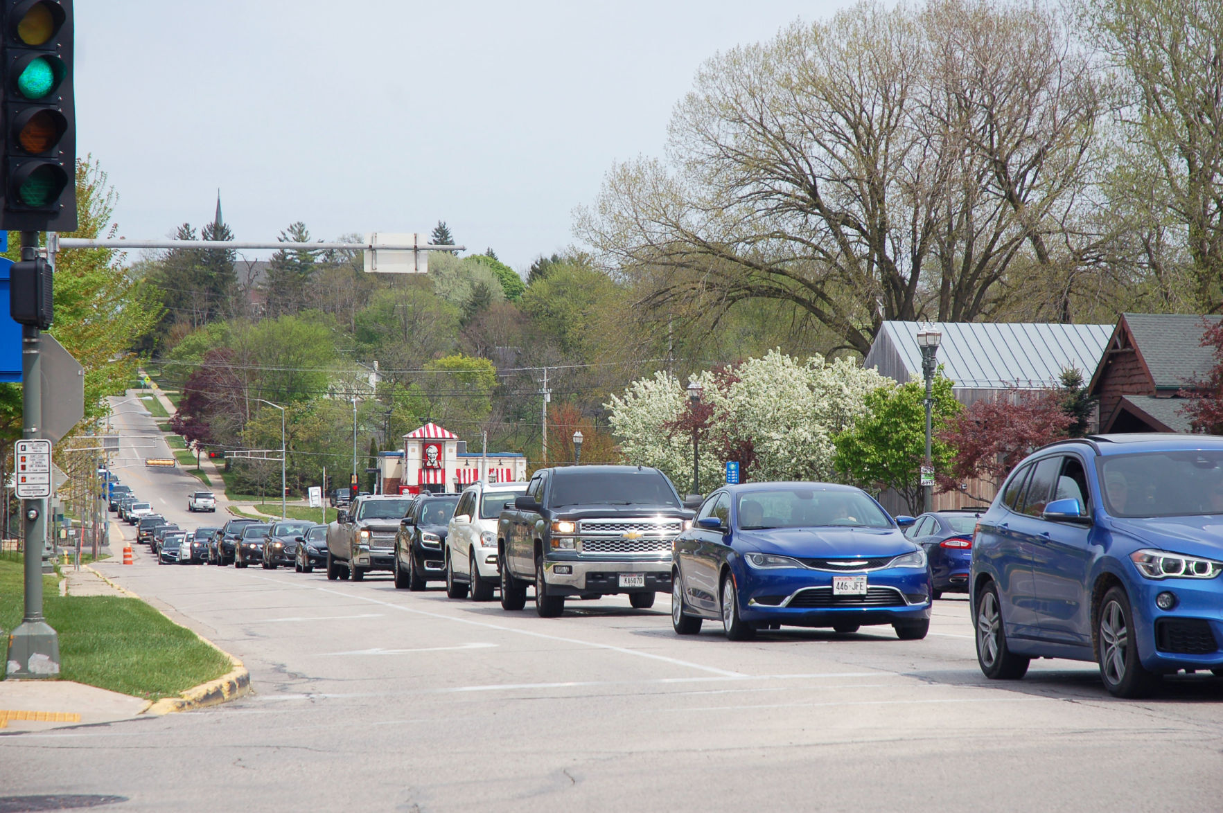 Cars line up heading into downtown Lake Geneva